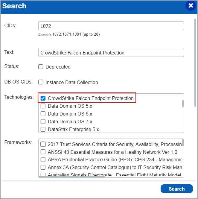 CrowdStrike technology displayed when searching for controls.