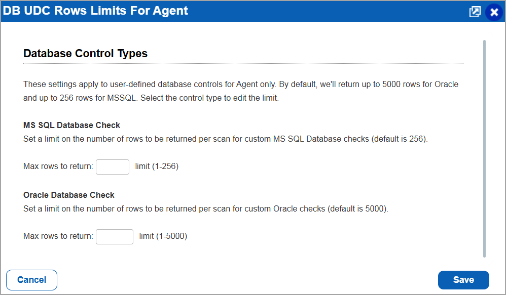 DB UDC Rows Limit for Agent window with various options for returning number of rows.