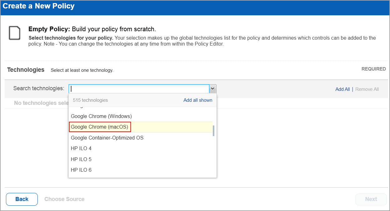 Google chrome macOS option when creating a new policy.