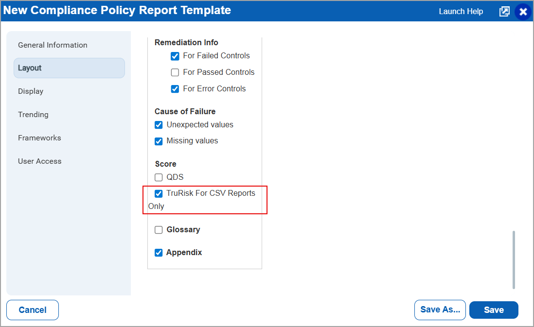 TruRisk for CSV Reports Only option when creating new policy report template.