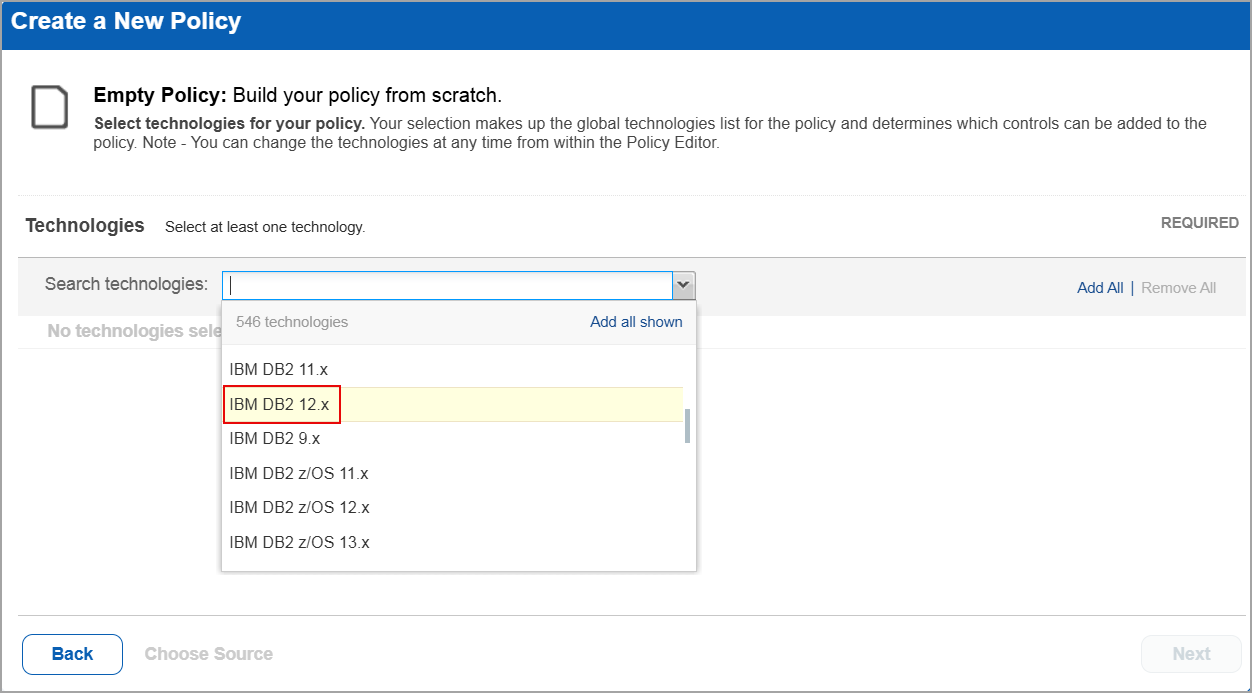 IBM DB2 12.x option when creating a new policy.