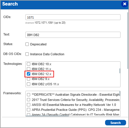 IBM DB2 12.x when searching for controls.