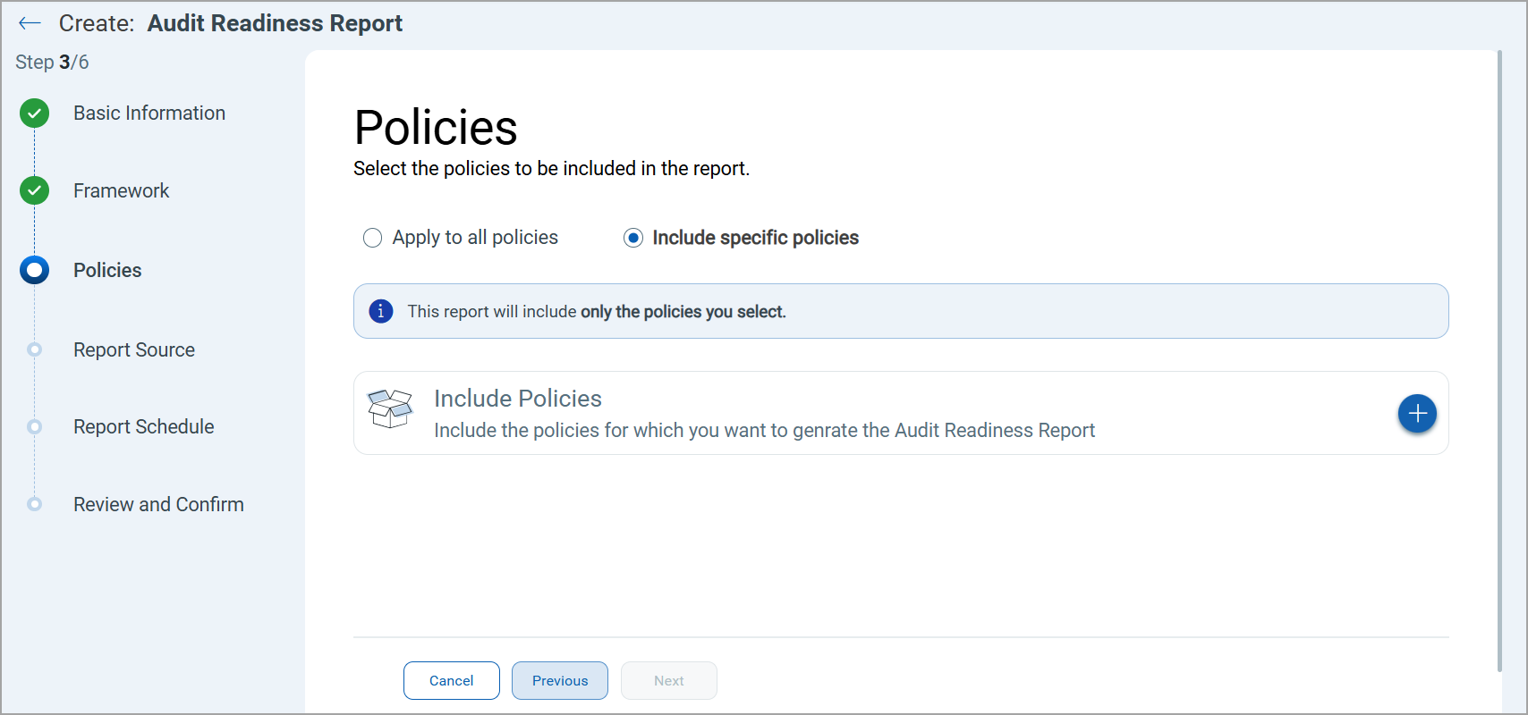 Include specific policies radio button selected.