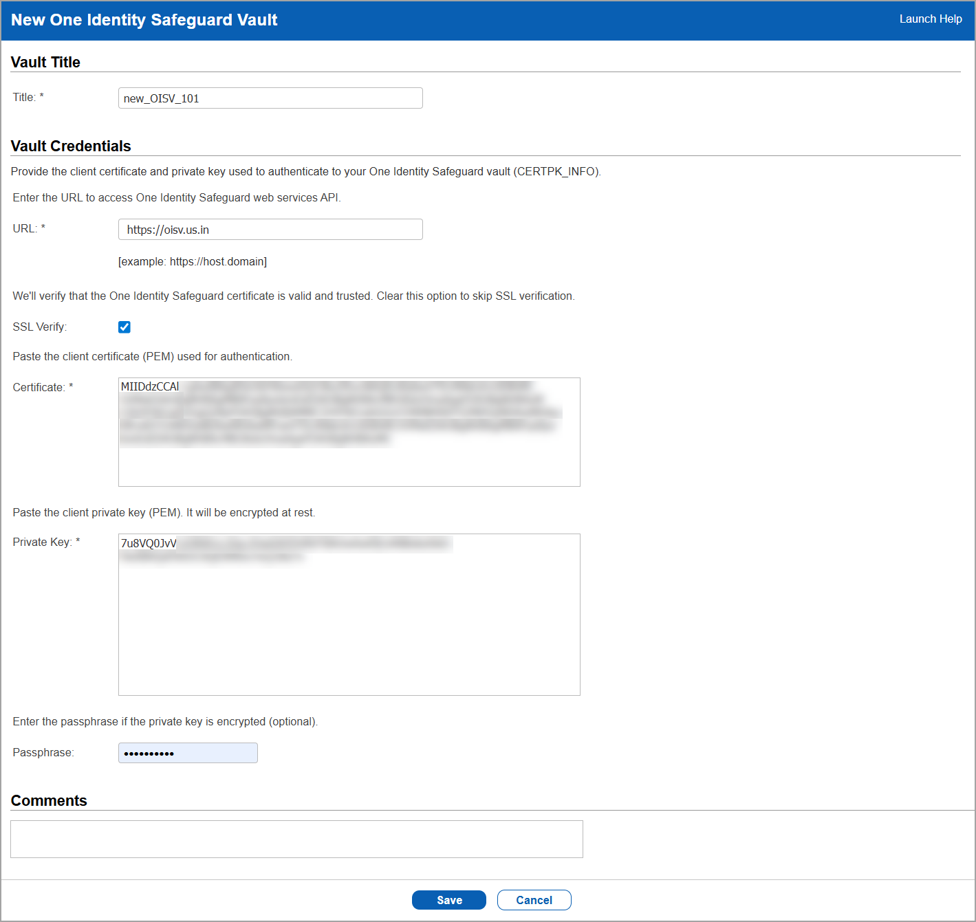 New One Identity Safeguard Vault window.
