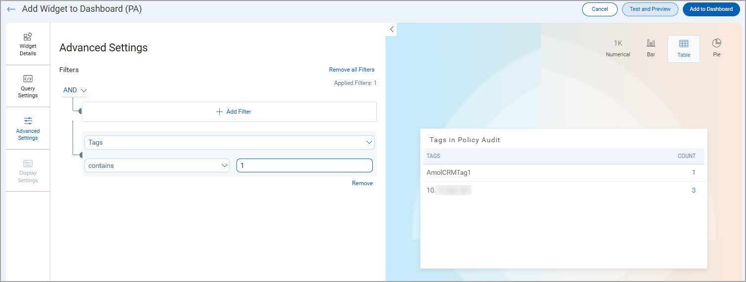 Advanced settings displaying multiple customizations to add filters.