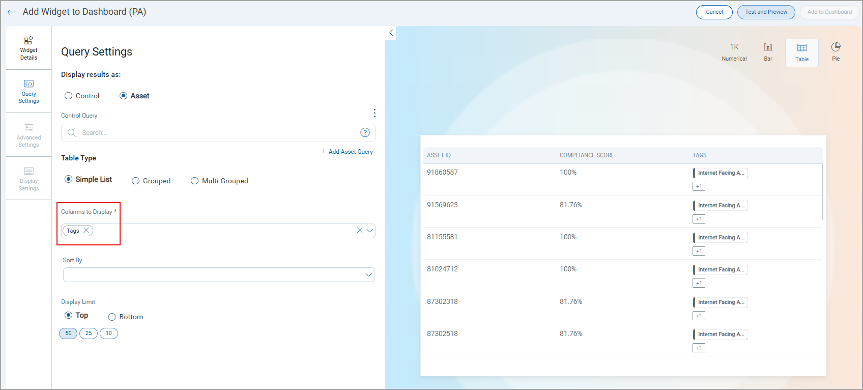 Tags option displayed under the Columns to Display drop down for Assets