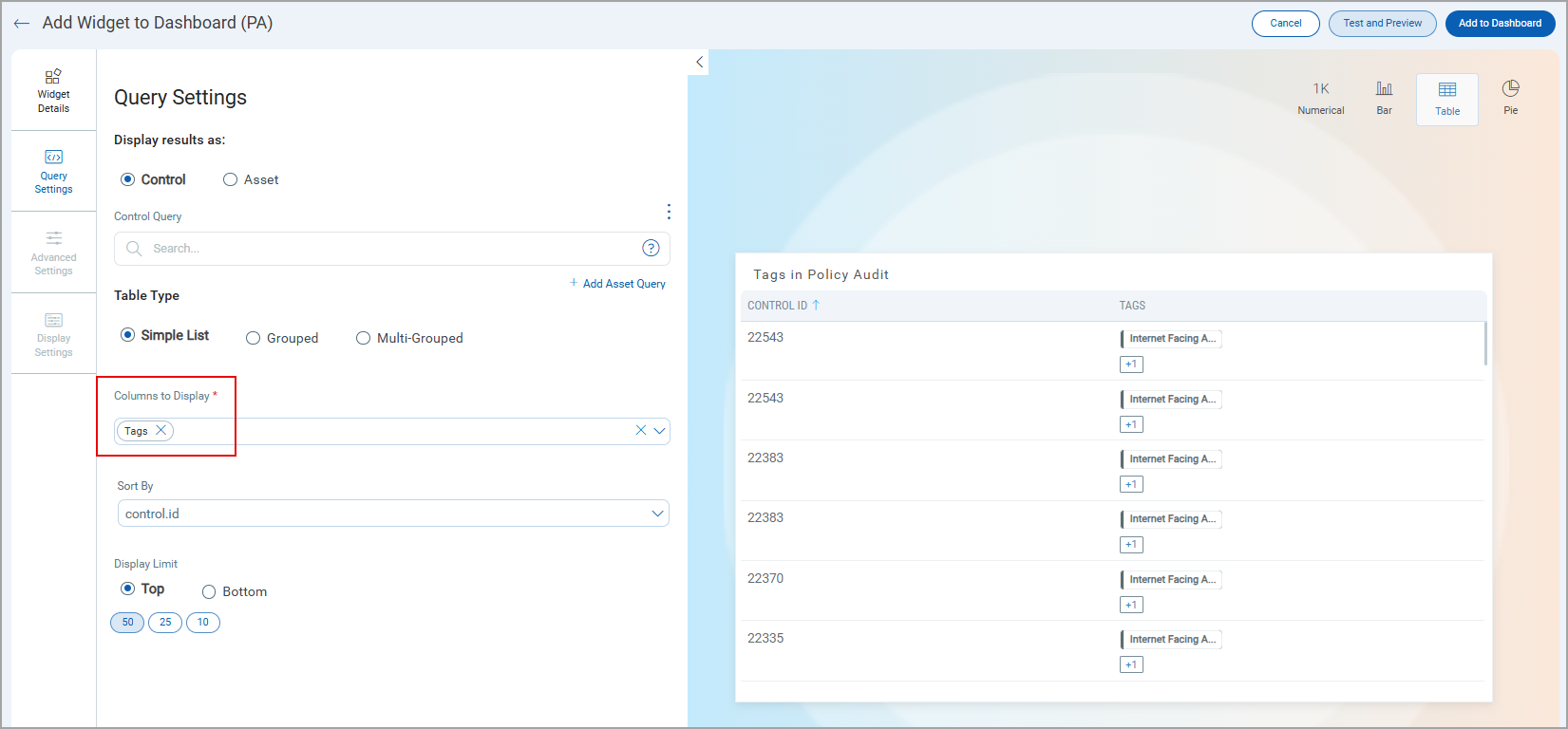 Tags option displayed under the Columns to Display drop down for Controls.