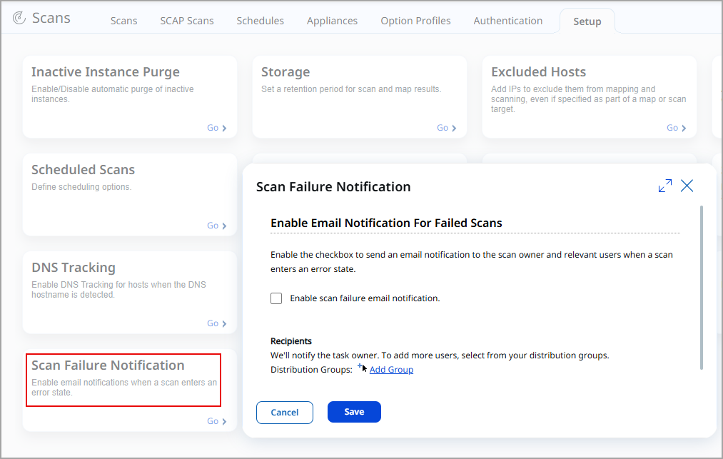 scan failure notification tab in setup tab.