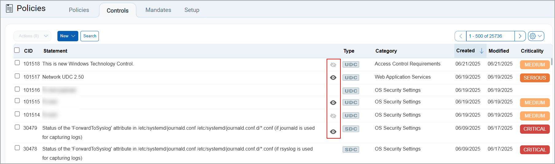 Controls tab displaying the active and deactivate controls.
