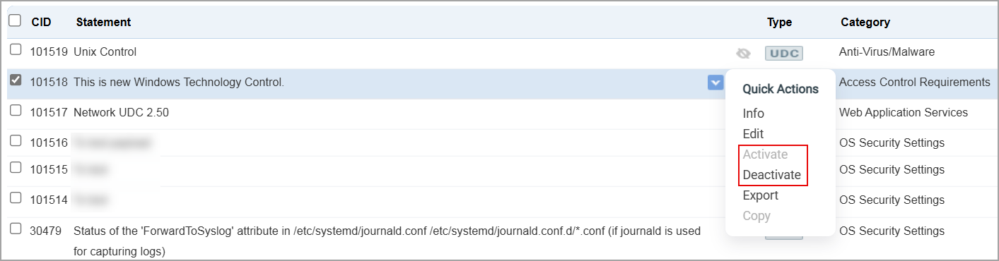 Activate and deactivate option in Quick Actions.