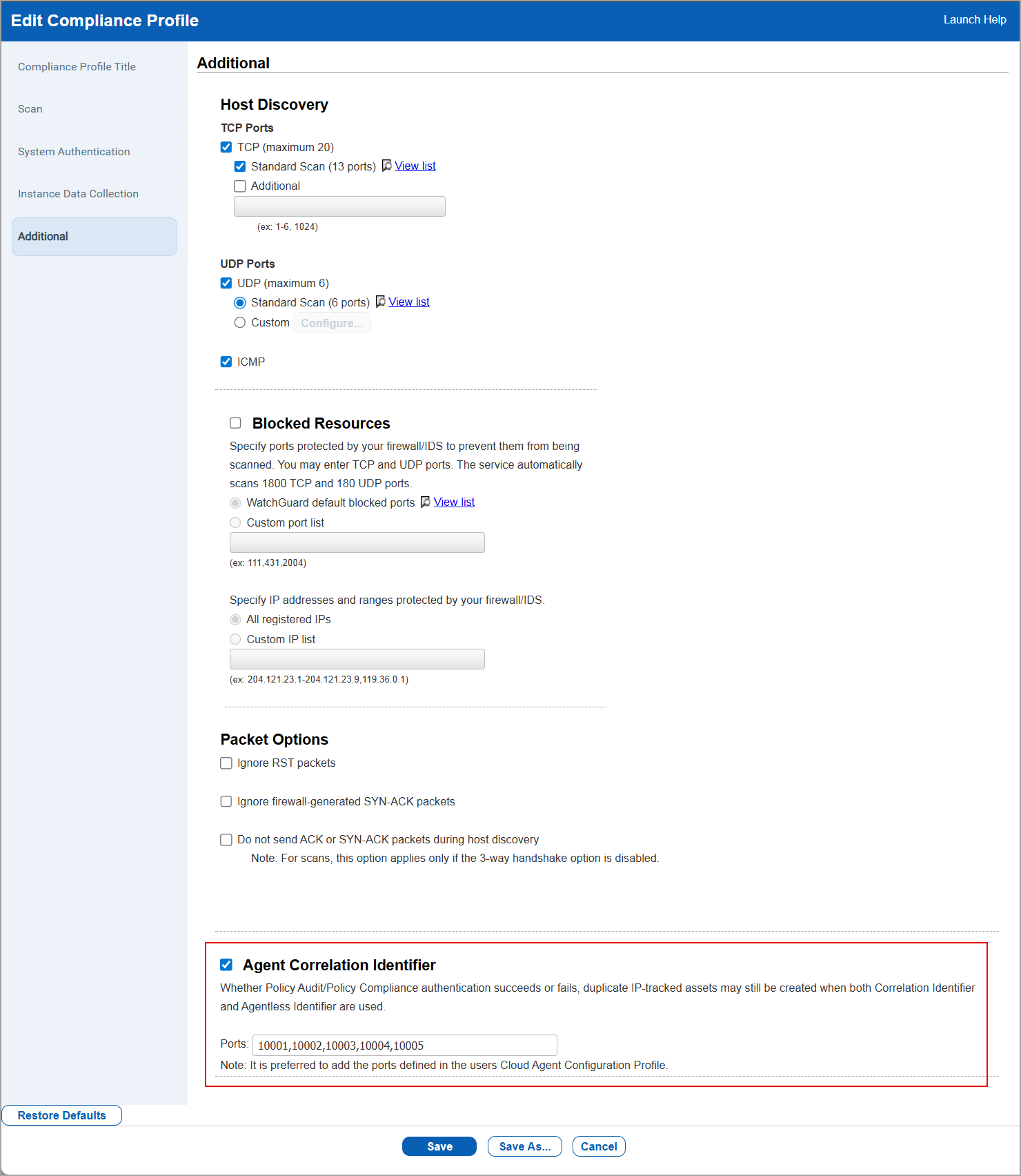 Agent Correlation identifier when editing the Compliance Profile.