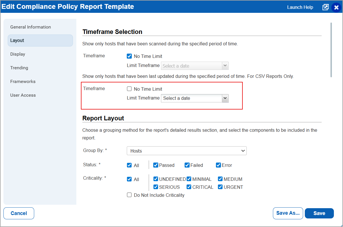 Edit report template displaying the last updated time frame.