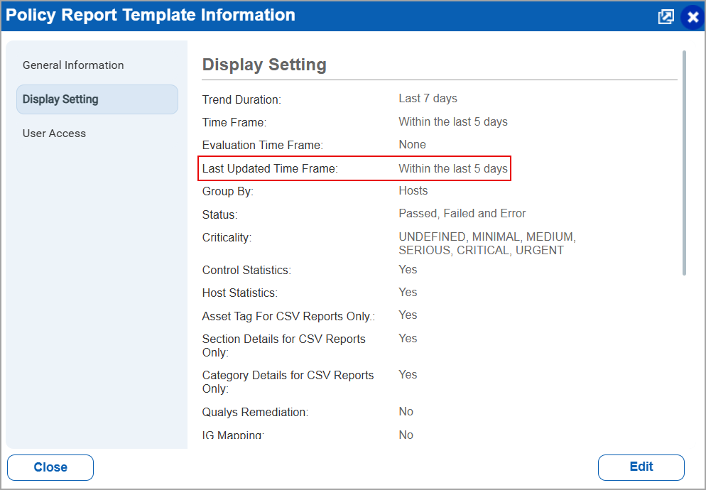 Report template displaying the last updated time frame.