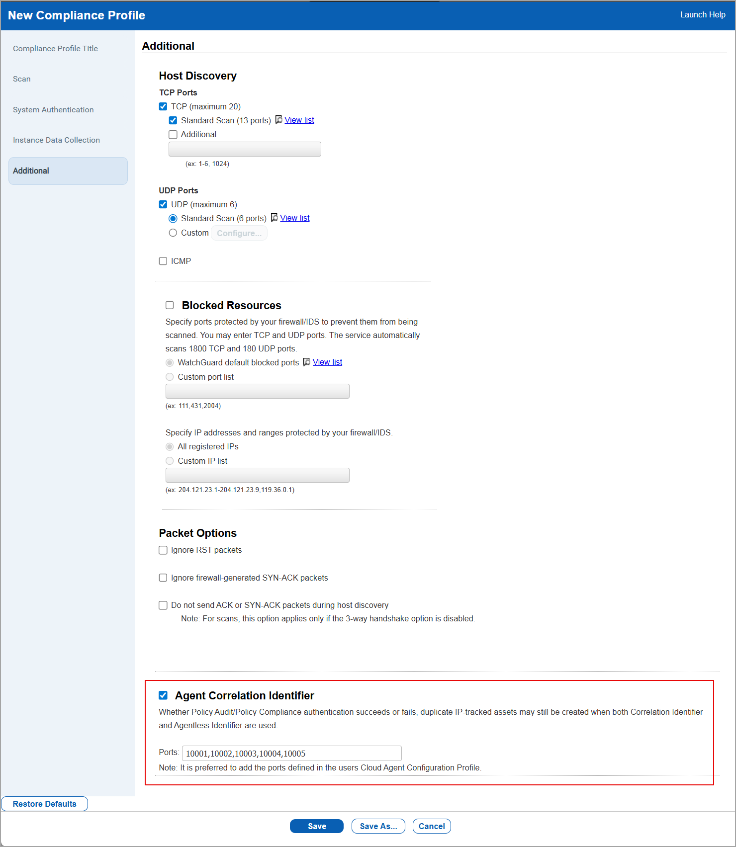Agent Correlation identifier when creating a new Compliance Profile.