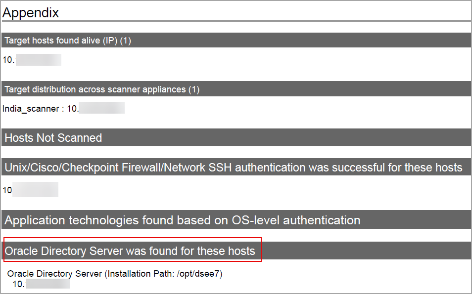 Appendix section displaying Oracle Directory Server was found for these hosts.