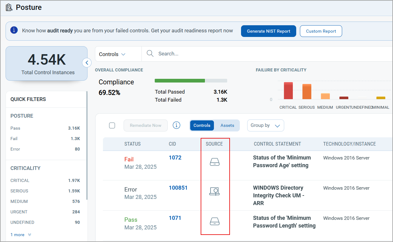 Source column displayed on the Posture tab.