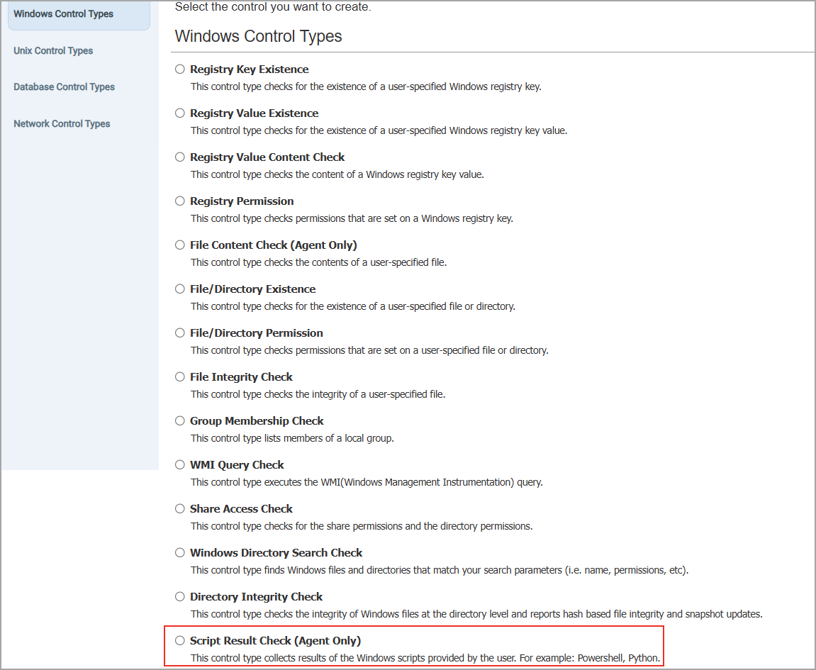 Select Script Result Check from Windows control types.