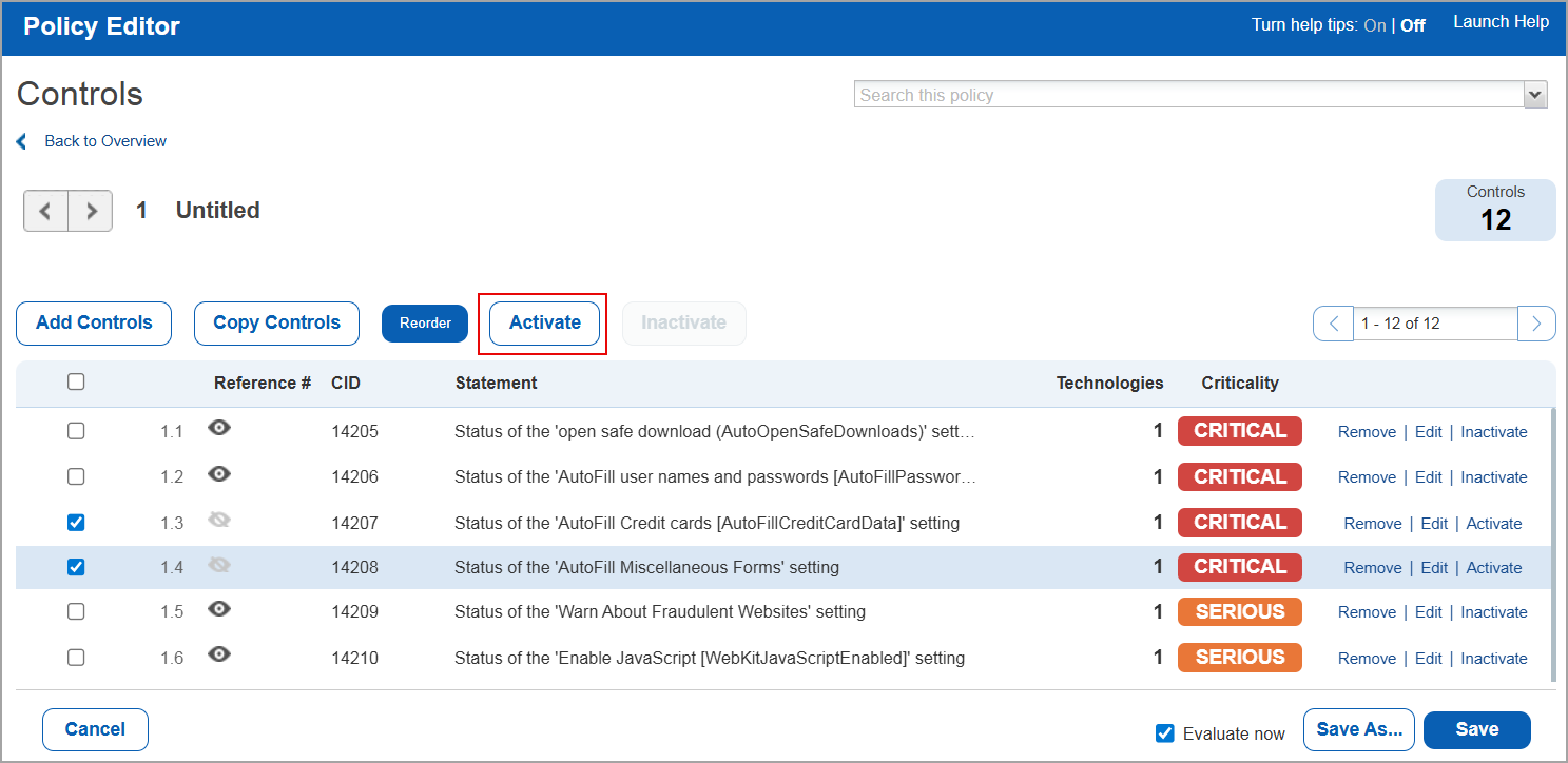 Activate controls in bulk.