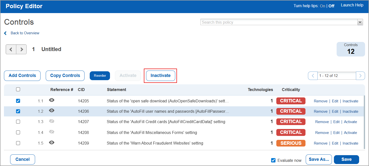 Deactivate controls in bulk.