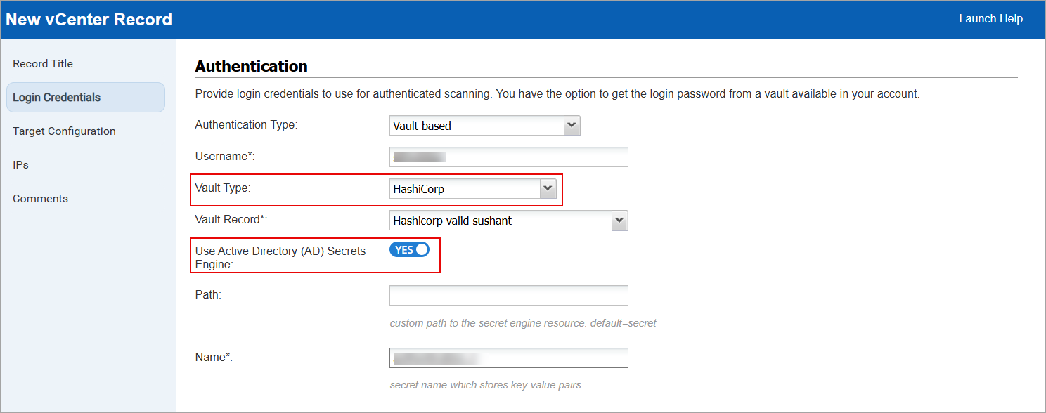 Vcenter authentication record window with vault as HashiCorp.