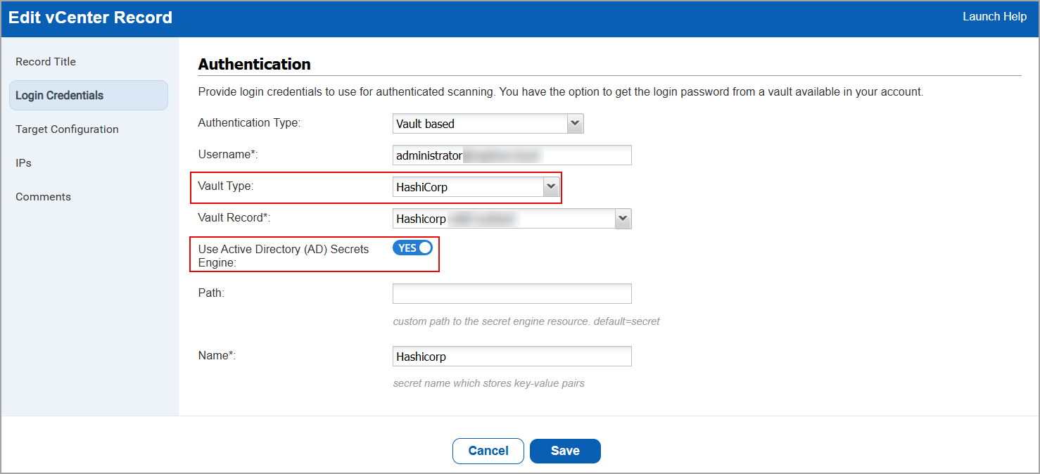 Vcenter authentication record window with vault as HashiCorp when editing.