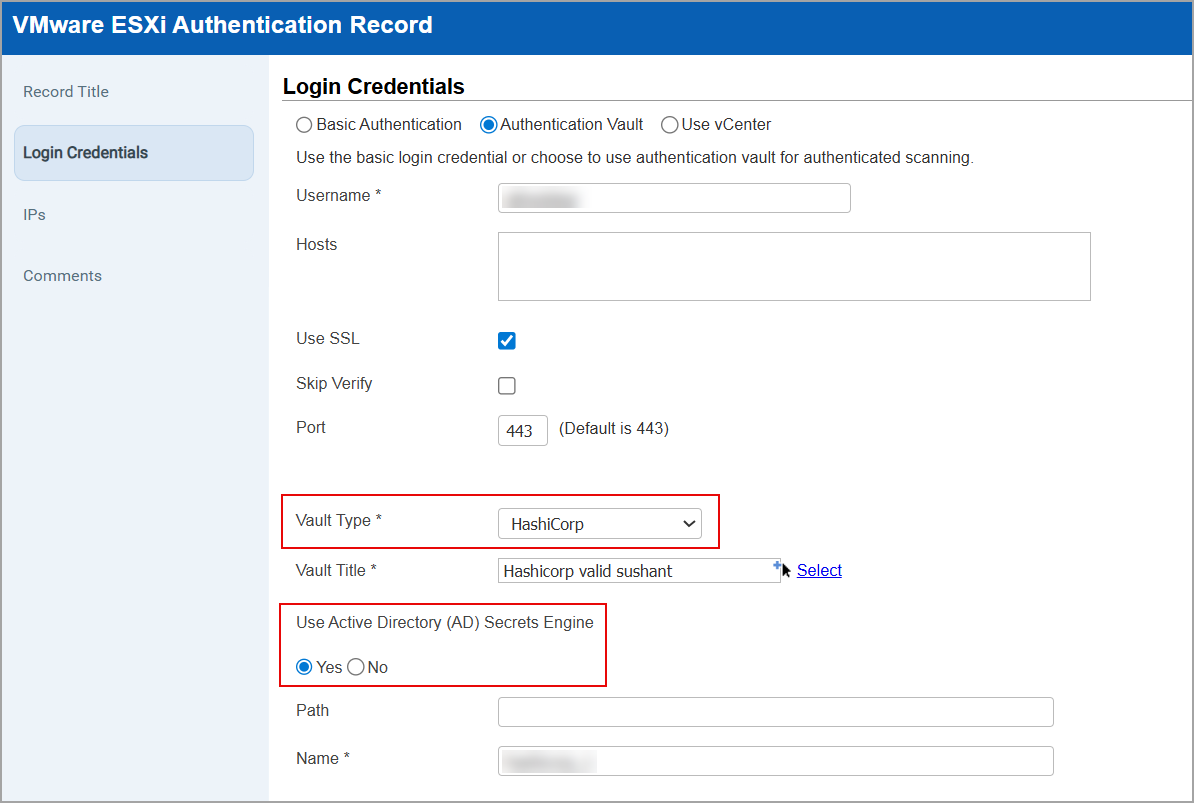 VMware ESXI authentication record window with vault as HashiCorp.