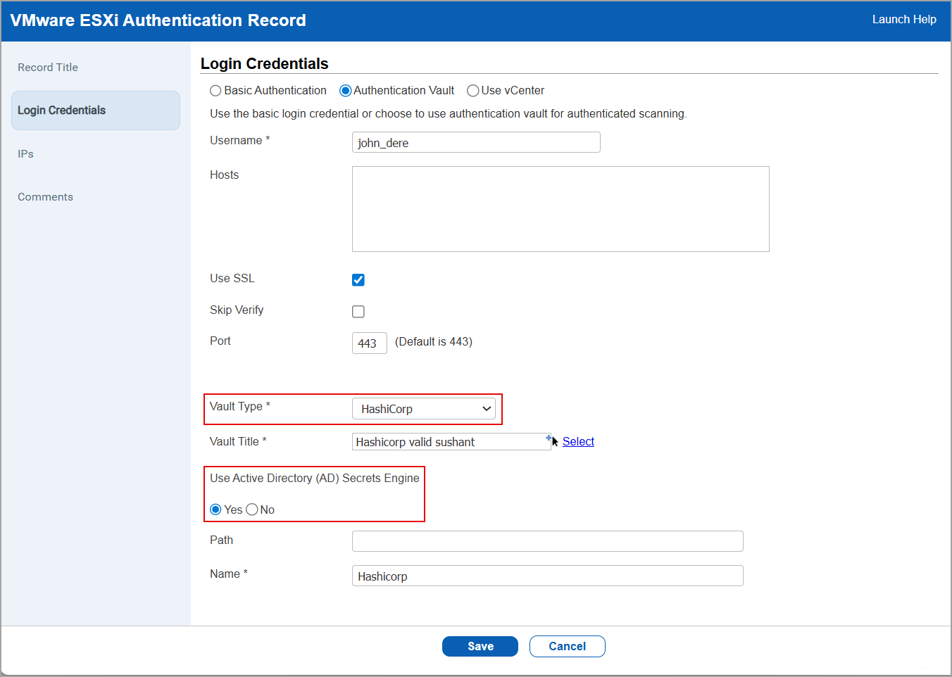 VMware ESXI authentication record window with vault as HashiCorp when editing.