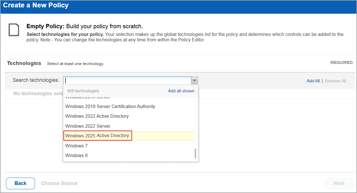 Create a new policy displays Windows 2025.