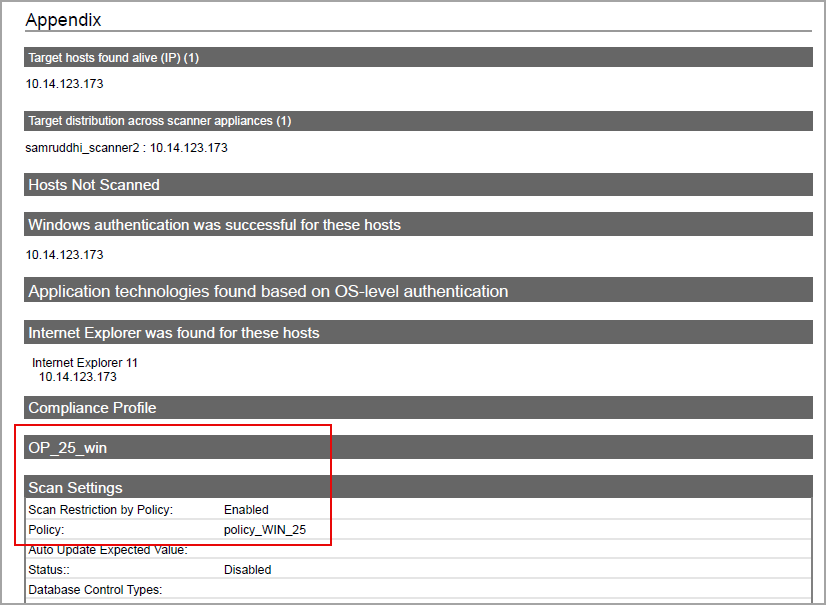 Windows 2025 displays in Appendix section in scan results.