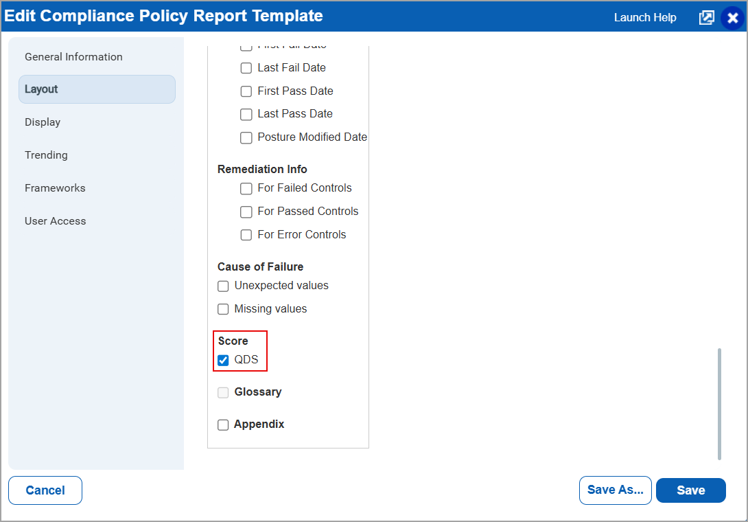 QDS option when editing existing report template.