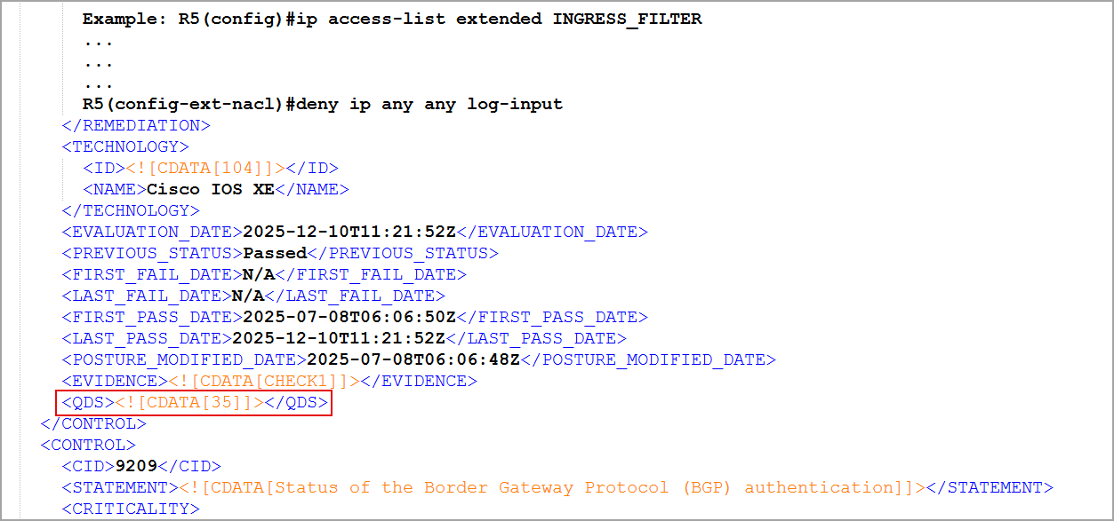 QDS displayed in XML report format.
