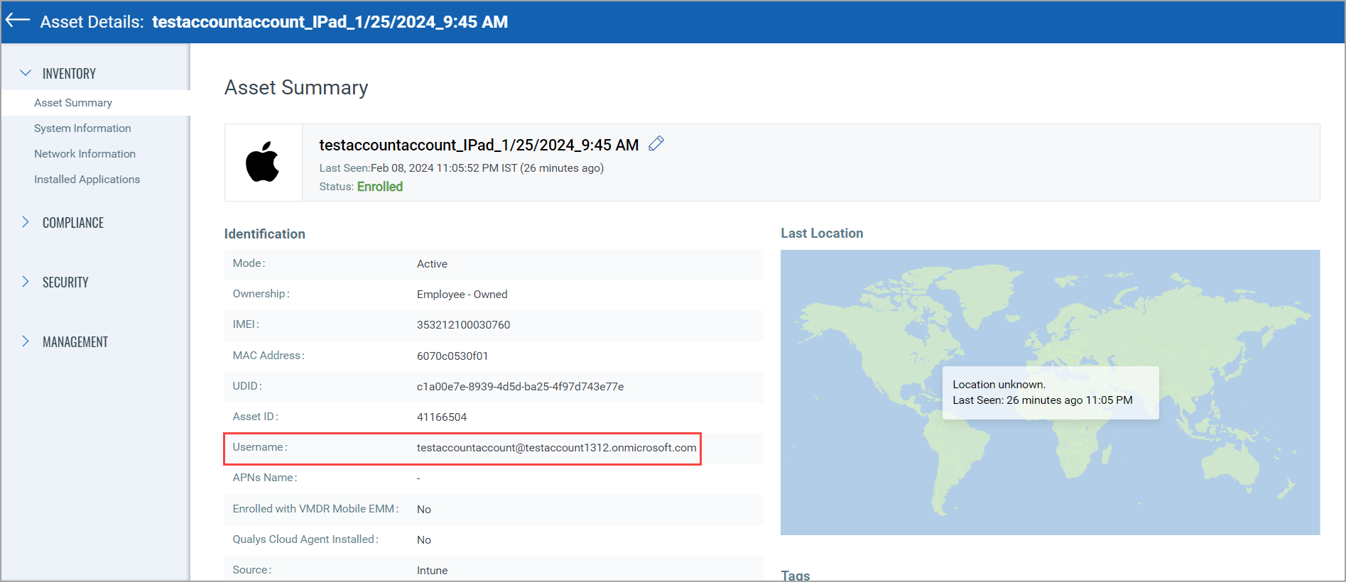 User name on asset details page.