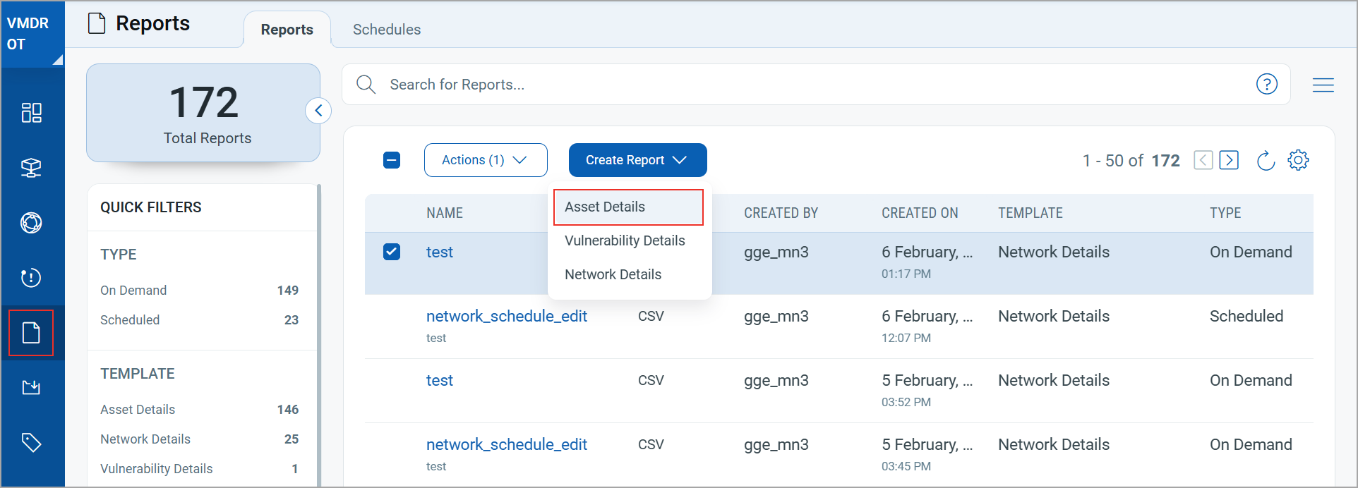 Reports tab with create report button.