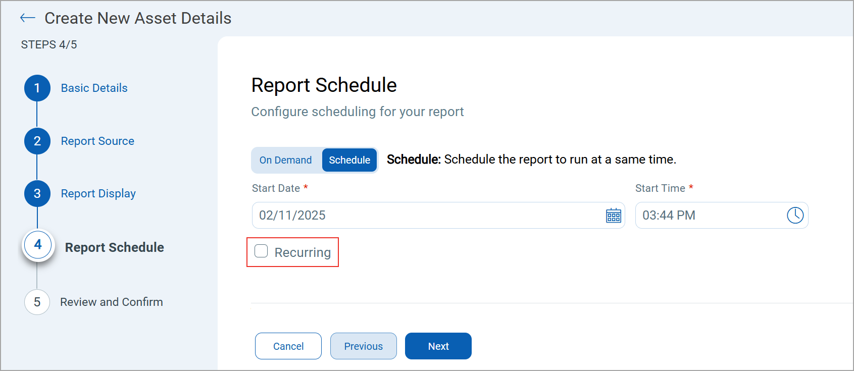 screen showing Report recurring schedule.