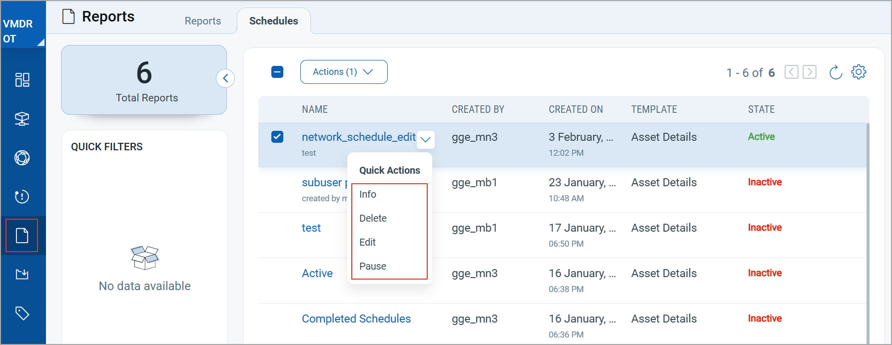 quick actins menu under the schedules tab.