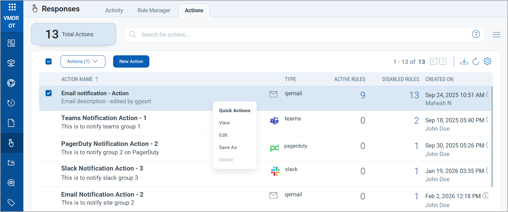 manage action screen.