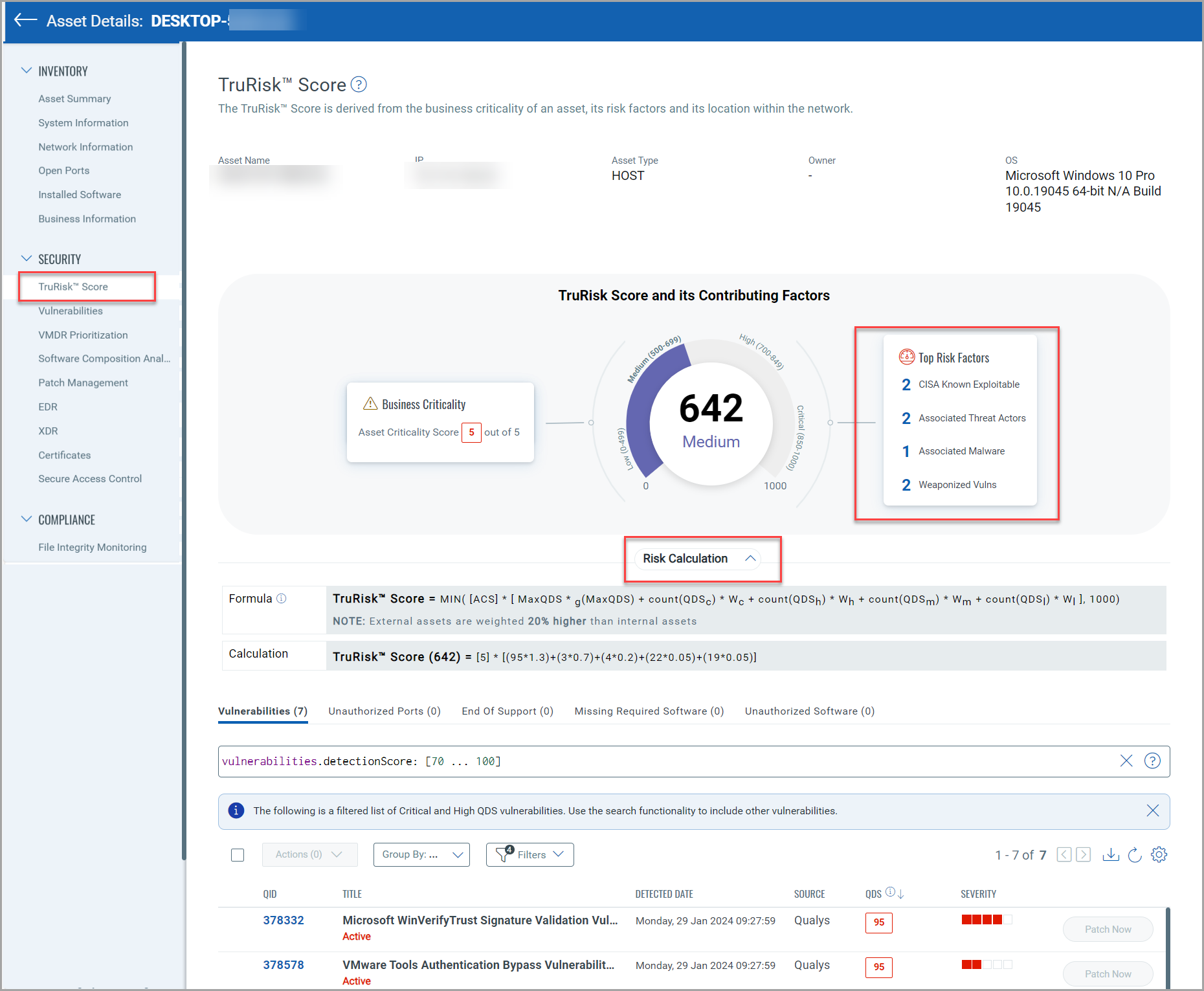 TruRisk Score and its Contributing Factors in Asset details page. 