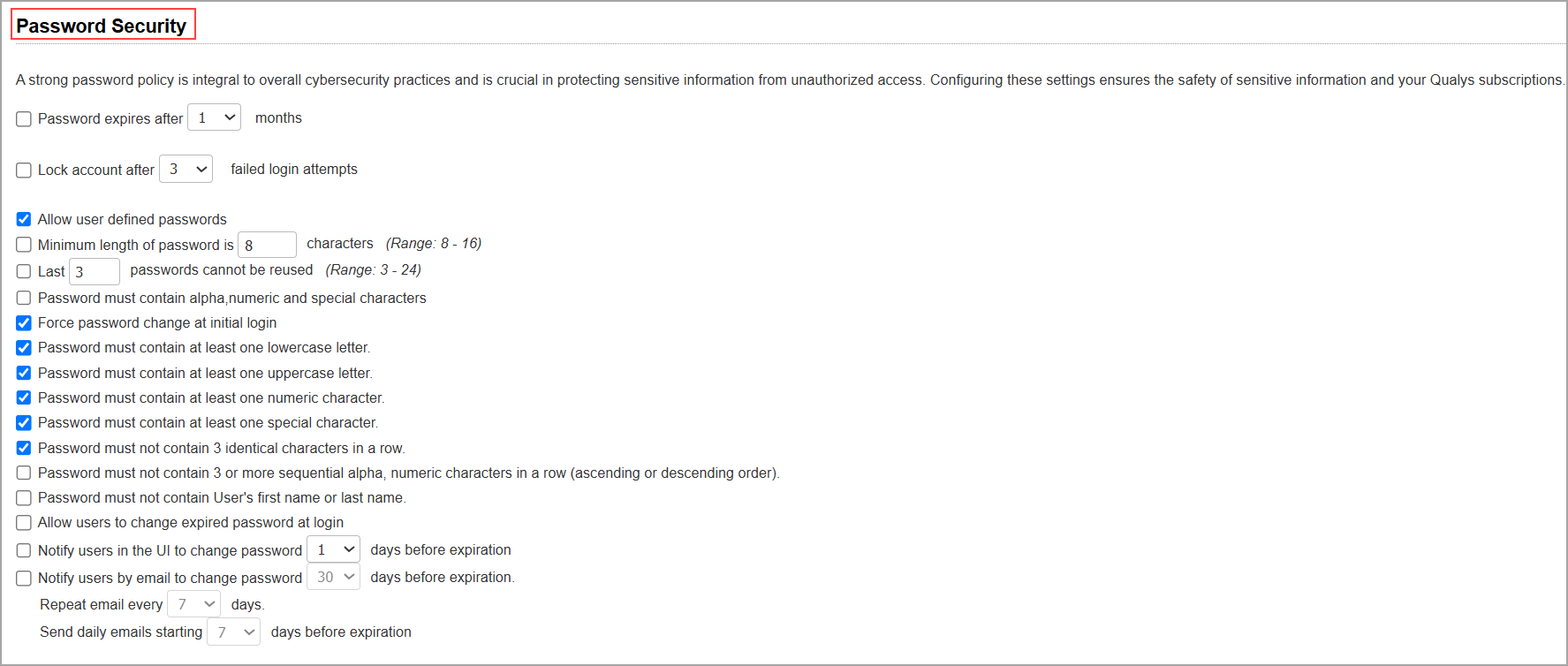 Password security settings.