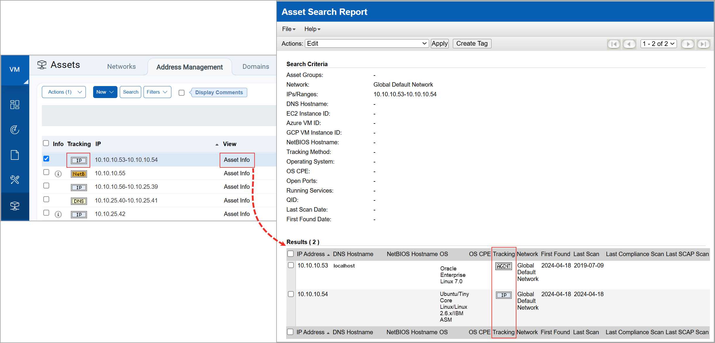Asset Search Report with IP tracked by IP and agent