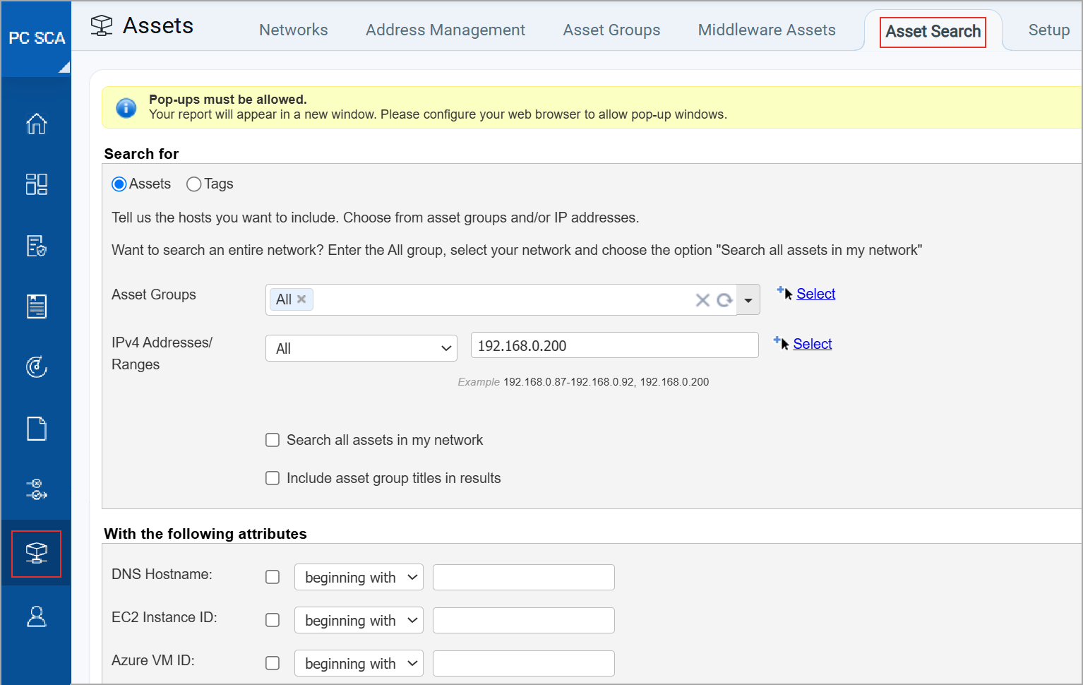 Asset Search tab under Assets