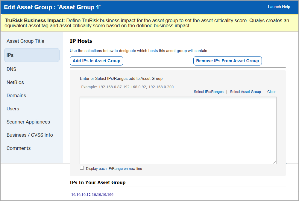 IPs tab in Edit Asset Group with box for entering IPs to add