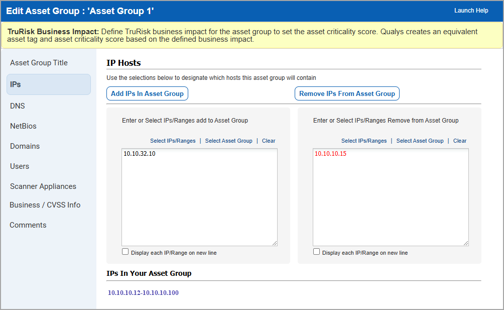 IPs tab in Edit Asset Group with boxes for entering IPs to add and remove