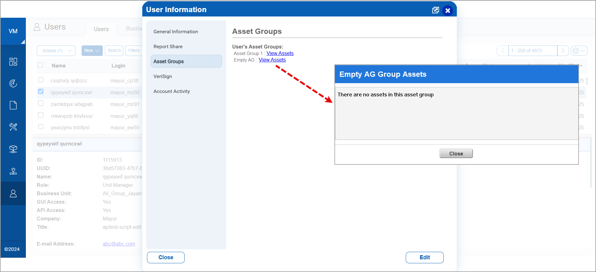 User Information where user is assigned an empty asset group
