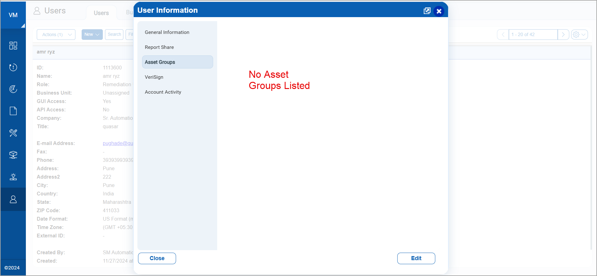 User Information with no groups listed