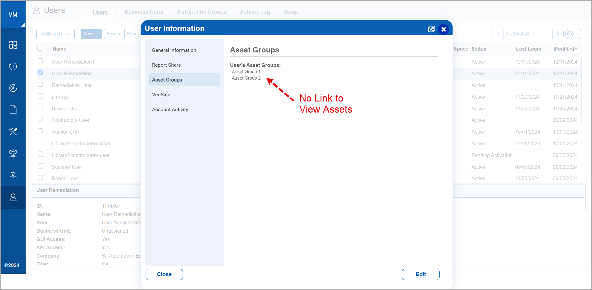 User Information with no link to view assets