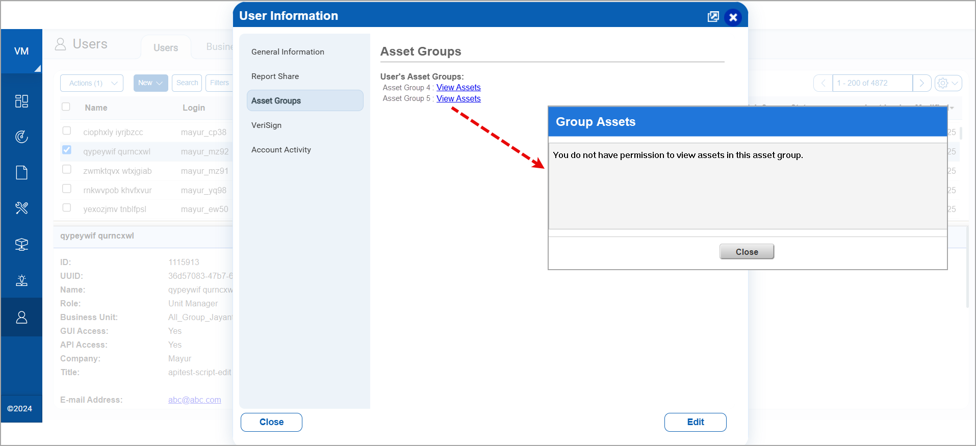 User Information where user doesn't have permission to view assets