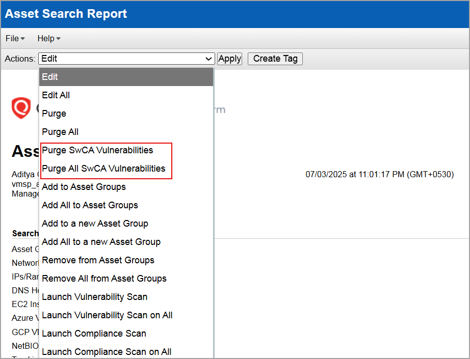 Purge all or selected SwCA vulnerabilities options in the Actions dropdown.