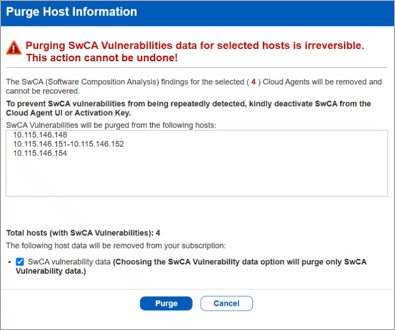 Purge Host Information widow to confirm the IPs to be purged.
