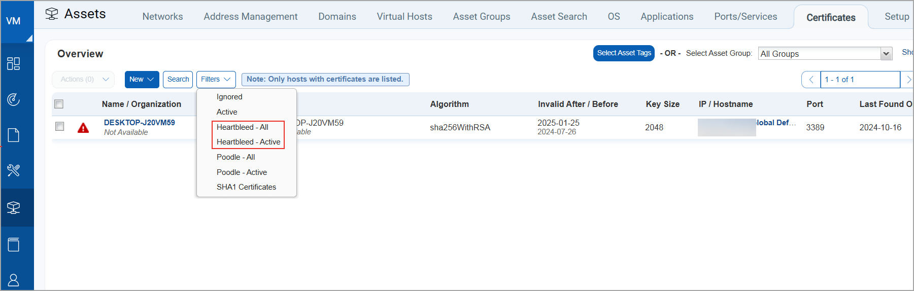 Heartbleed filters on Certificates list
