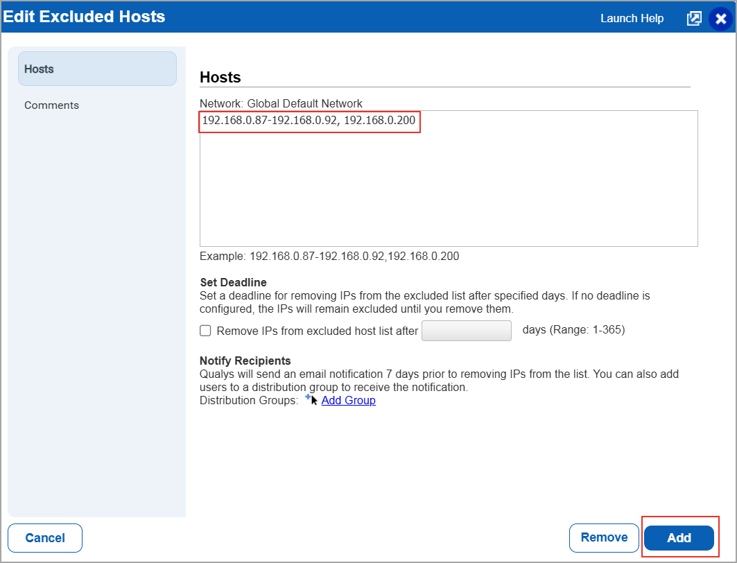 Entering the IPs/IP ranges to the network.